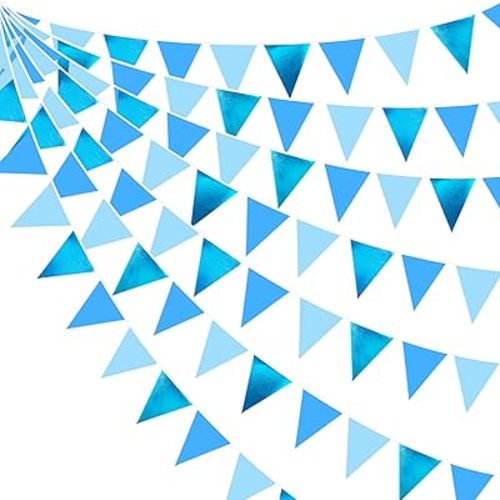 32Ft Blue Party Decorations Metallic Royal Triangle Flag Fabric Banner Pennant Garland Streamer for Ocean Blue Birthday Nautical Baby Shower Under The Sea Summer Pool Shark Party Decor Supplies