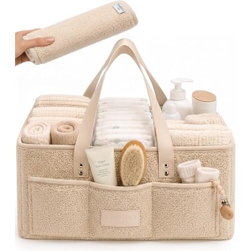 Baby Diaper Caddy Organizer with Portable Changing Mat - Teddy Fleece Diaper Organizer for Changing Table - Basket for Changing Essentials - Baby Essentials Organizer with Removable Dividers
