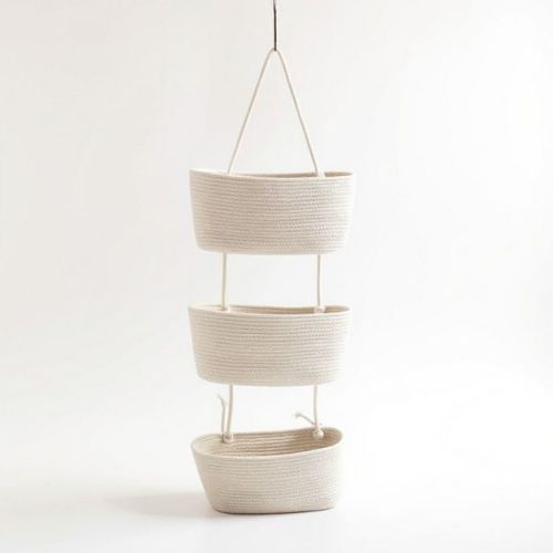 Anna-Kaci 3-Tier Hanging Rope Basket Organizer with Braided Design and Loop Handle 17.5in (5.5x2.8in) - White
