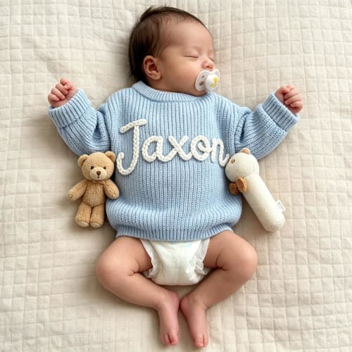 Blue Baby Boy Sweater with Name, Custom Baby Name Knit Sweater, Personalised Chunky Baby Jumper Set, Personalized Gift for Baby Girls Boys
