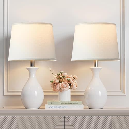 PARTPHONER Table Lamp Set of 2, Modern Ceramic Bedside Lamps for Night Stands, Classic Small Lamp Nightstand Lamp for Bedroom Living Room Desk End Table Rocker Swtich White