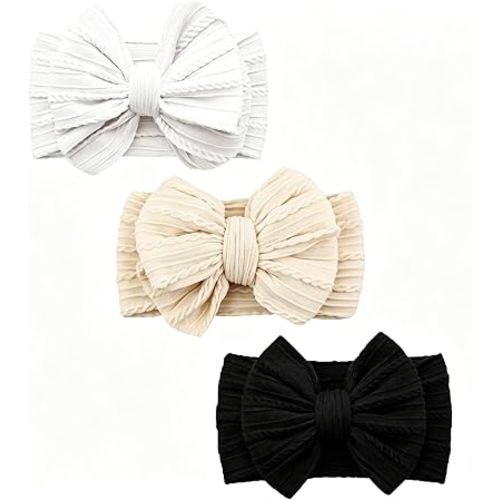 Baby Bows Headbands Soft Nylon Handmade Hair Accessories for Newborn Infant Toddler Kids (3 Mixed White, Large)