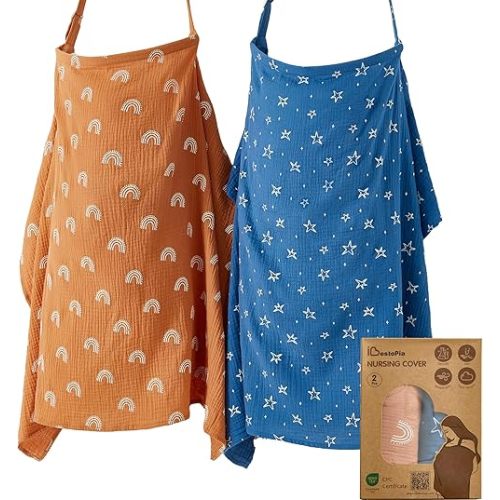 2 Pack Nursing Covers for Breastfeeding, 100% Cotton Muslin, Lightweight & Breathable, Full Coverage with Adjustable Strap (Starry Rainbow Gradient)