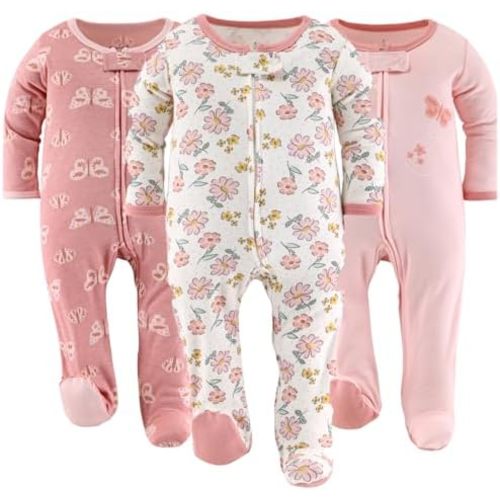 The Peanutshell Baby Sleepers for Girls Set of 3 - Soft Cotton Footed Pajamas for Newborns & Infants - Boho Butterfly