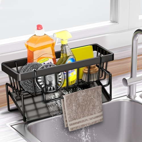 Aovky Sponge Holder for Kitchen Sink, Self Drain Kitchen Sink Caddy Organizer, Sponge Holder with Removable Dishcloth Rack, Soap Dispenser Brush Holder Storage for Bathroom and Counter, Black