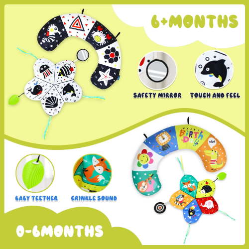 Suorfoxs Baby Toys 0-6 Months, High Contrast Tummy Play Pillow, Crinkle Mat with Mirror and Teether