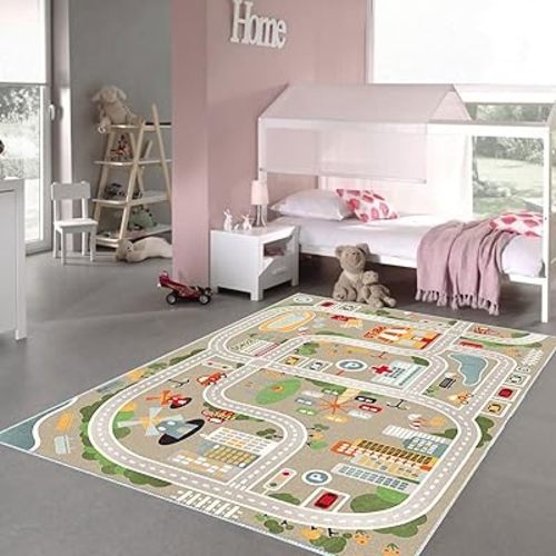Kids Playroom Rug City Life Play Mat for Toy Cars and Trains, Play Area Rug with Rubber Backing Non-Slip Carpet, Kids Race Track Rug for Playing and Learning (140X200cm/55X78'')
