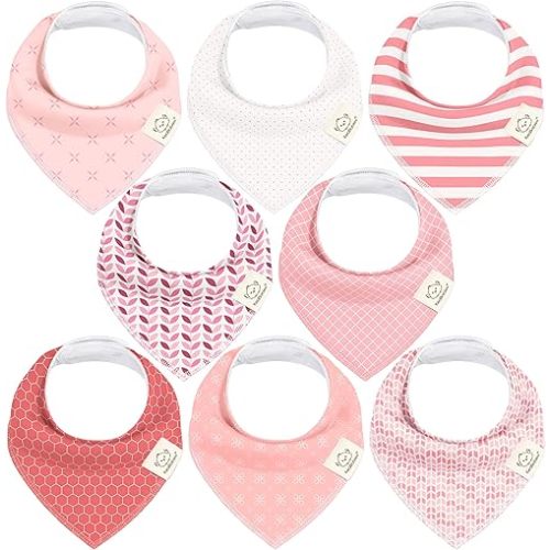 8-Pack Organic Baby Bandana Bibs for Girls, Boys – Super Absorbent Cotton Baby Bibs for Drooling and Teething, Extra Soft & Breathable Cloth, Infant, Toddler, Newborn 0-12 Months (Blush)