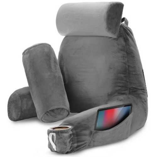 Nestl Memory Foam Reading Pillow, Large Reading & Bed Rest Pillow, Dark Grey Back Pillow with Pockets