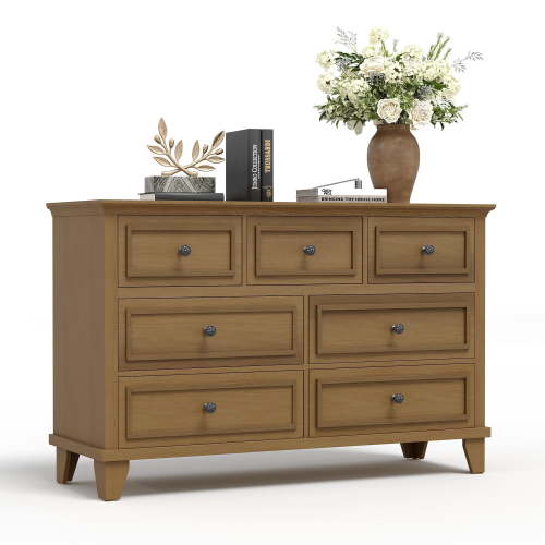 Kicctian 7 Drawers Dresser for Bedroom, Wooden Chest of Drawers with Vintage Handle, Wide Dresser for Living Room,Brown