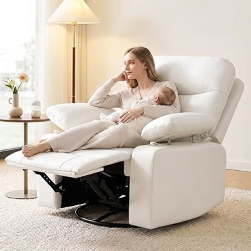 Nursery Glider Recliner with Adjustable Armrests, Oversized Comfortable Nursing Chair for Breastfeeding Moms, 360°Swivel, 90°-160° Recline, Quiet Rocking Chair Nursery for Living Room, White
