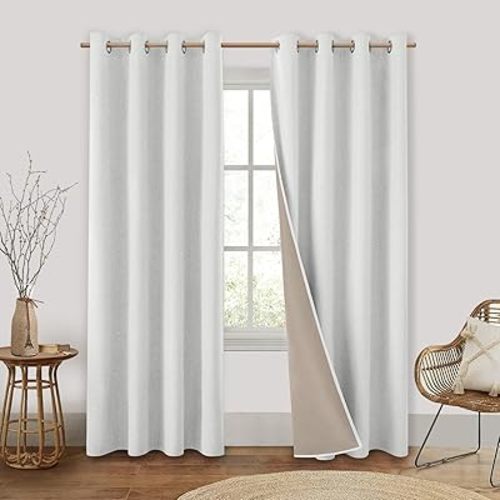 HOMEIDEAS Ivory Linen Blackout Curtains 84 Inches Long 2 Panels 100% Black Out Curtains for Living Room Bedroom, Thermal Insulated Room Darkening Window Curtains Drapes