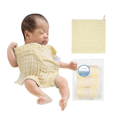 L'Ange Baby Washcloths and Burp Cloths Set - 3 Pack of 9 Layer 100% Cotton Muslin for Sensitive Skin - Super Absorbent - Medical Grade Packaging for Infants Newborns and Toddlers- 9x9 -Yellow