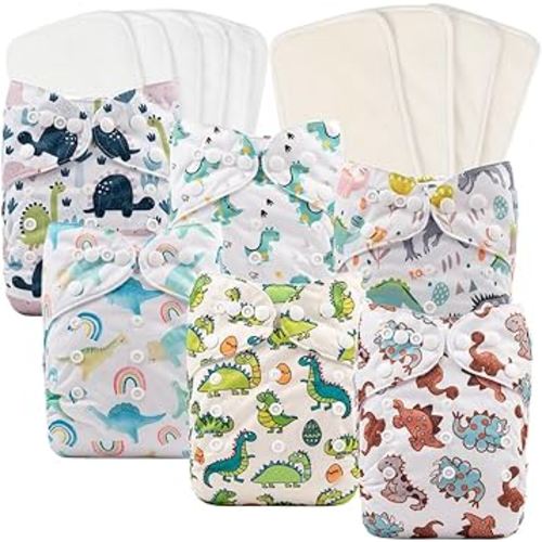 Babygoal Reusable Neutral Cloth Diapers 6 Pack with 10pcs Inserts, One Size Adjustable Washable Pocket Nappy Covers for Baby Boys and Girls 6FB02