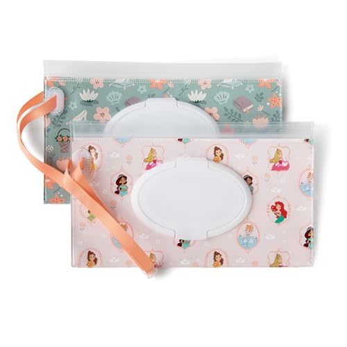 Disney Baby by J.L. Childress Reusable Wet Wipes Case Pouch - Refillable Baby Wipes Dispenser, Travel Essential for On the Go, Portable Holder with Wrist Strap - Princess, 2 Pack