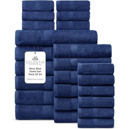 24-Piece 100% Cotton Towel Set, 6 Bath Towels, 6 Hand Towels, 12 Wash Cloth, Quick-Dry, Navy Blue