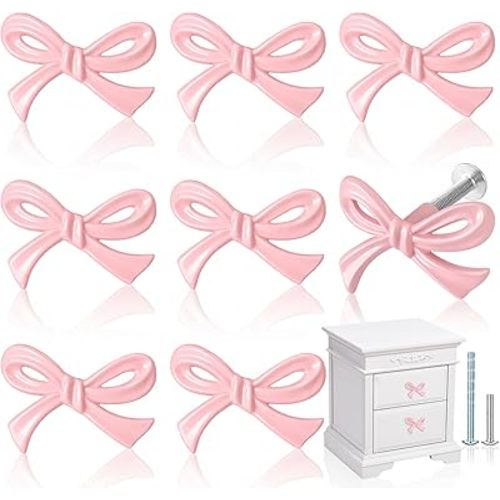 Gold Bow Drawer Knobs Brass Bow Knobs for Dresser Decorative Brass Drawer Pulls Vintage Cabinet Handles for Home Bedroom Kitchen Cabinets Hardware Cupboard (Small Size,Pink,8 Pcs)