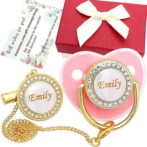Personalized Pacifier Set with Name, BPA Free, Bling Gold Silver Pink Rose Gold Luxurious Ideal Gift for Newborns (Pink)