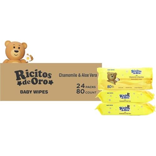 Ricitos de Oro Baby Wipes with Chamomile & Aloe Vera, Alcohol Free, Hypoallergenic, Ultra Soft, 80 Count, 24 Pack