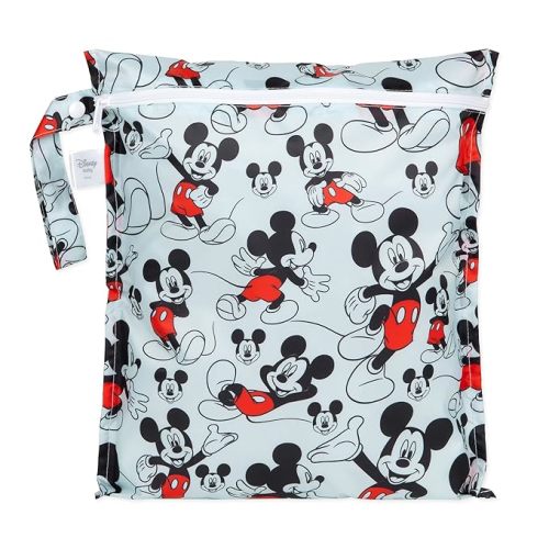 Bumkins Disney Waterproof Wet Bag for Baby, Travel, Swim Suit, Cloth Diapers, Pump Parts, Pool, Gym Clothes, Toiletry, Strap to Stroller, Daycare, Zipper Reusable Bag, Packing Pouch, Mickey Mouse