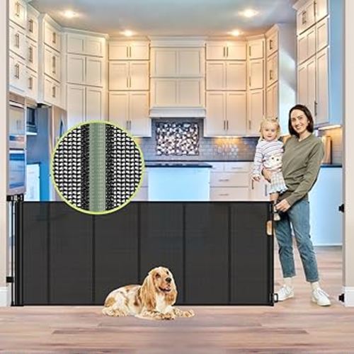 Reinforced 80 Inch Retractable Baby Gate Extra Wide Baby Gate for Wide Openings, Indoor/Outdoor Retractable Dog Gate for Doorway, Mesh Dog Gate Indoor Prevent Babies/Pets from Crawling Under, Black