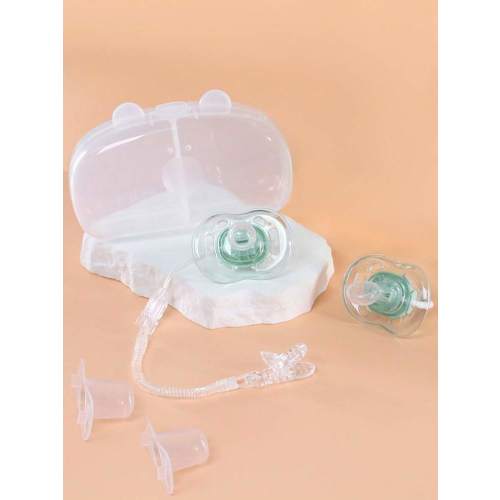 KUNT 4pcs Baby Pacifier Set, Daytime Round Nipple, Nighttime Flat Nipple, Silicone Pacifier Nipples With Dust Cover And Plastic Handle, PTCG Transparent Shell Design | SHEIN USA