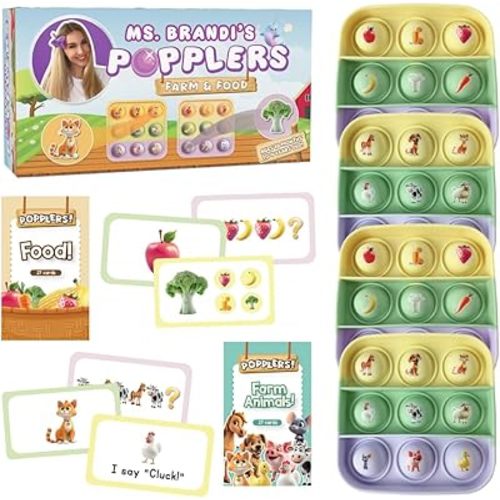 The Fidget Game Popplers, Toddlers Early Learning & Educational Fidget Toy, Food & Farm Animals Popping Games, Teacher Must Have for Matching, Sound Recognition and First Words, 6 Mini-Games Included