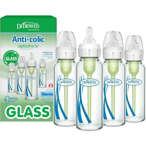 Dr. Brown's Anti-Colic Options+ Narrow Glass Baby Bottle with Level 1 Slow Flow Nipple, BPA-Free, 8 oz/250 mL, 0m+, 4-Pack (Packaging May Vary)
