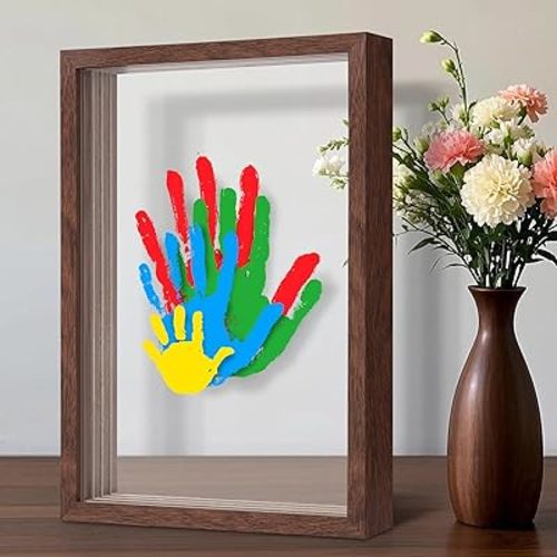 Family Handprint Kit, Hand Prints Keepsake Frame, DIY Craft Gift for New Parents & Mom & Baby, Grandparents, Mother's Day, Father's Day, Adoption Day, Anniversary, 6 Non -Toxic Paints (Walnut)