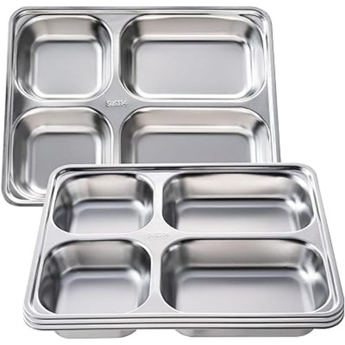 4 Pack Stainless Steel Rectangular Divided Plates Tray/Four Compartment Divided Dinner Plate/Partition Thali/Portion Control Plates/Heavy Gauge/For Adults