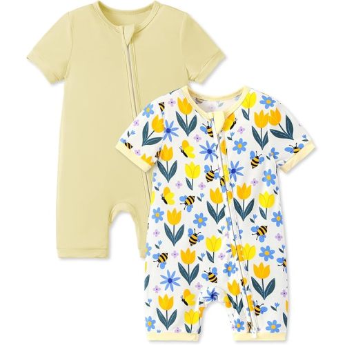 PATPAT Baby Romper 2-Pack with Bamboo Viscose, Infant Snug fit Pajama Jumpsuits with 2-Way Zipper for Newborn Boy Girl