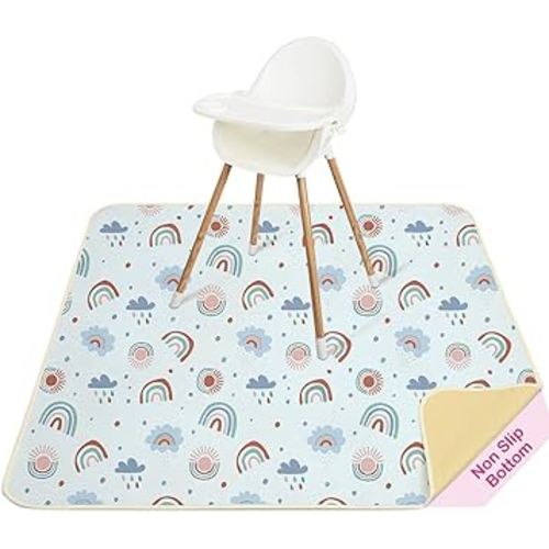 Basumee Splat Mat High Chair Mat Waterproof Baby Play Splat Mat for Under High Chair Food Catcher Highchair Mat for Floor Non Slip Bottom, Blue Rainbow, 46x42 Inches