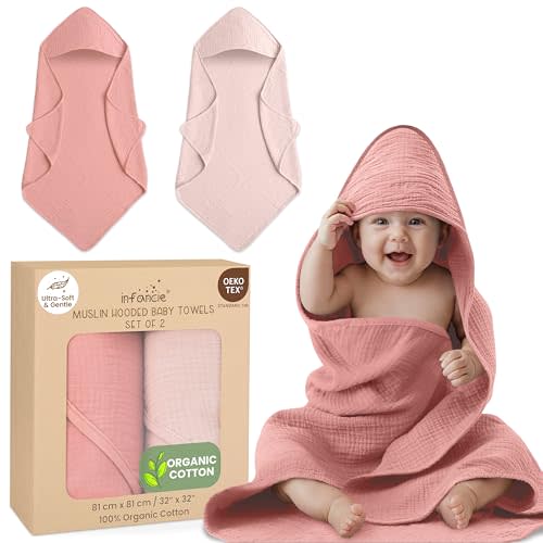 Organic Cotton Muslin Baby Hooded Towels - 32x32 Inch, 2 Pack Newborn Bath Towels for Boys & Girls, Soft & Absorbent Bath Set (Rose/Peach)