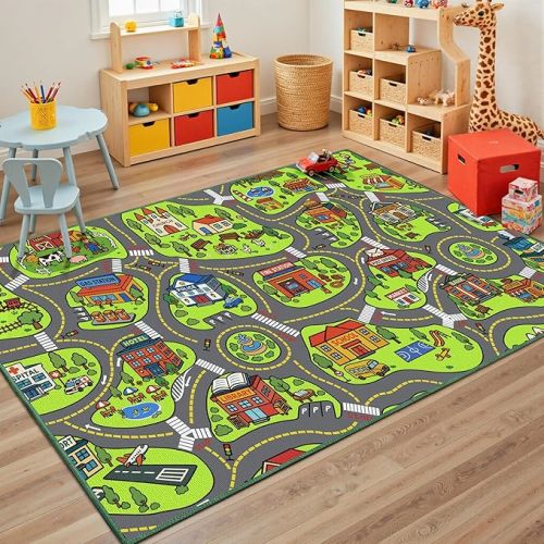 Upgrade Ultra Non Slip Kids Car Rug, Kids Road Playmat Rug for Toy Cars, Educational Town City Map Washable Carpet for Boy Playroom Bedroom, Safer Car Track Play Mat for Children Baby Toddler, 60"x36"