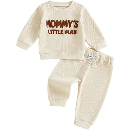 Kupretty Toddler Baby Boy Fall Winter Clothes Embroidery Waffle Knit Sweatshirt Pullover Tops + Casual Pants Outfit Set