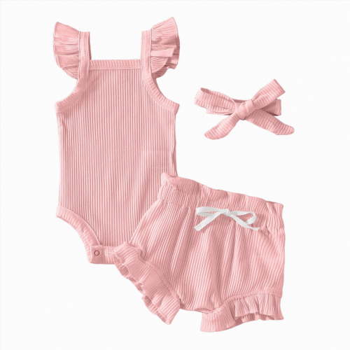 TOWED22 Newborn Infant Baby Girl Summer Clothes Rib Frill Short Sleeve Romper Elastic Waist Shorts Headband 3Pcs Outfits Set Pink,0-3 M