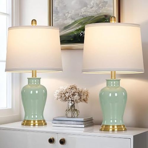 Ruzectt Green Ceramic Lamps Set of 2, 23" Modern Table Lamps for Living Room, Classic Bedside Lamp with Ginger Jar Design, Elegant Bedroom Lamp for Night Stand Desk Side End Table Home Decor