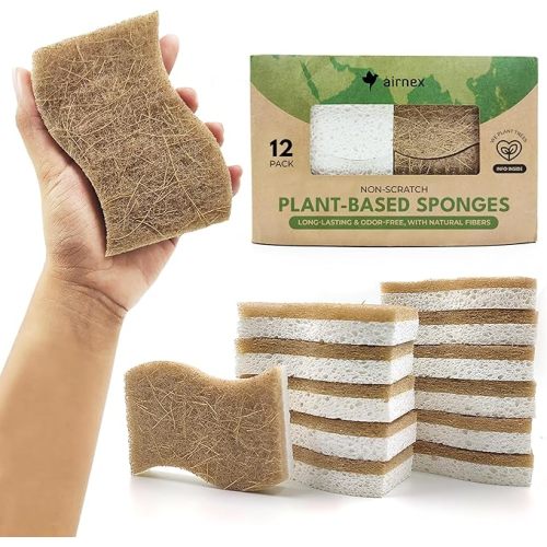 AIRNEX Natural Kitchen Sponges (12 Pack) - Biodegradable Cellulose & Coconut Scrubber Dish Sponges for Kitchen - Eco-Friendly, Non Scratch, Compostable, Non Toxic S-Shaped Natural Sponges for Dishes