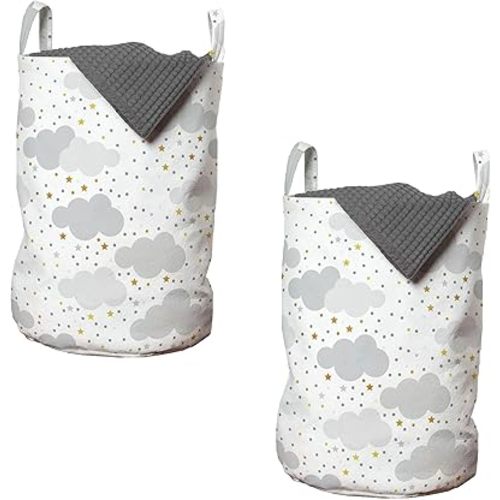 Ambesonne Clouds Laundry Bag Pack of 2, Themed Pattern with Dreamy Sky with Dots and Stars, Hamper Basket with Handles Drawstring Closure, 13" x 19", Grey Coffee