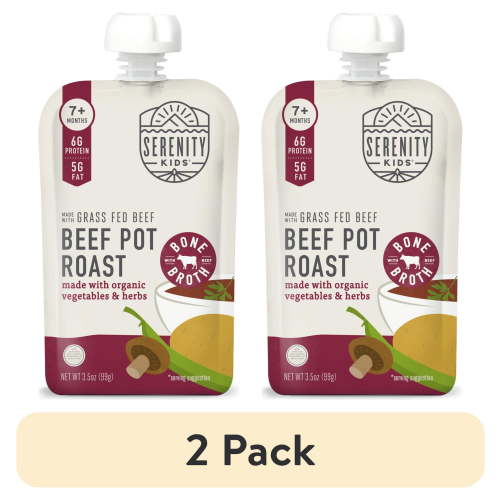 (2 pack) Serenity Kids Grass Fed Beef Pot Roast Stage 2 Baby Food Organic Veggies Herbs & Bone Broth, 3.5oz Pouch