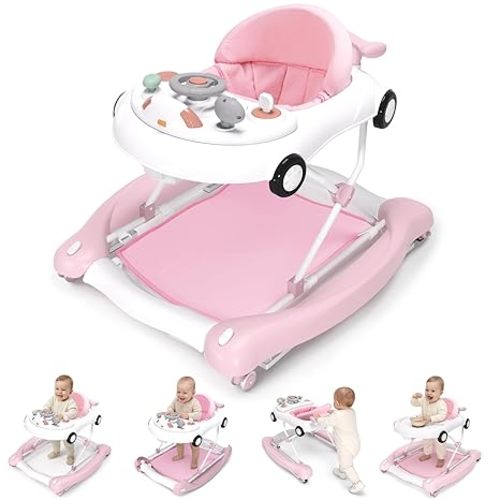 5-in-1 Convertible Baby Walker with Steering Wheel Music Activity Center – Infant Rocker, Jumper, Push Walker, Bouncer & Feeding Foldable Walker for Ages 6-18 Months Boys Girls (Pink)