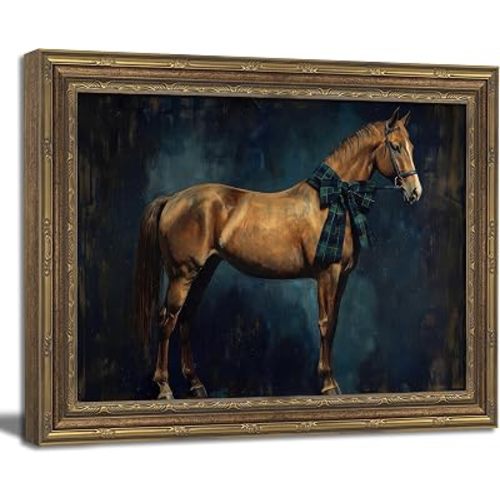 Vintage Gold Framed Wall Art Vintage Horse with Tartan Bow Wall Art Farmhouse Rustic Animals Wall Decor Picture Country Antique Poster Print for Bedroom Bathroom Living Room 9x11in