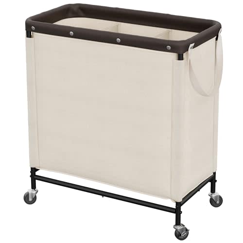 StorageWorks 3 Section Laundry Hamper, Rolling Laundry Cart with Wheels and Handles, Laundry Room Double Sorter for Organizer and Storage, 31.7 Gal(120L), Beige