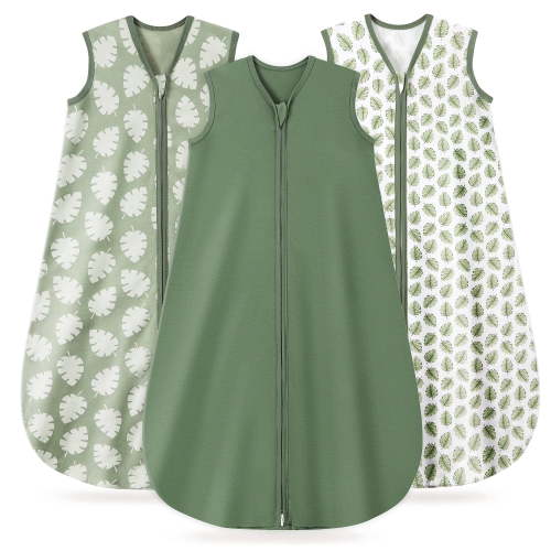 Baby Sleep Sack 0-6 Months, 100% Organic Cotton Wearable Blanket for Babies, 2-Way Zipper TOG 0.5 Lightweight Breathable Baby Sleeping Bag, 4 Sizes-S Leaf＆Green