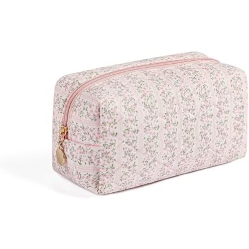 Cute Floral Makeup Bag Small Cotton Quilted Cosmetic Bag, Aesthetic Essential Bag Emergency Bag Gift for Women Girls Travel Accessories (Pink Floral)