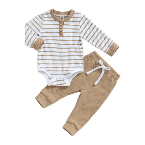 Staki Newborn Boy Clothes Waffle Knit Long Sleeve Romper Long Pants Set Infant Fall Winter 2Pcs Outfits 0-24M(White,0-3 Months)