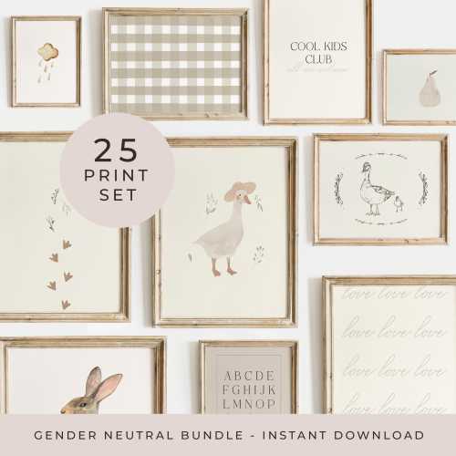 Gender Neutral Nursery Gallery Wall Set of 25 Muted Tones Room Decor Vintage Neutral Nursery Print Set Soft Beige Cottagecore Playroom Decor