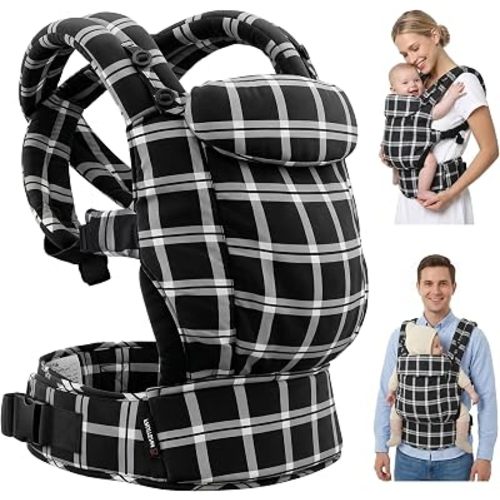 FRUITEAM Baby Carrier, Toddler Carrier with Adjustable Seat Size & Lumbar Support, Ergonomic Baby Carrier Newborn (7-25 Lbs), Easy to Wear, Travel and Hiking Friendly (Black White Check)