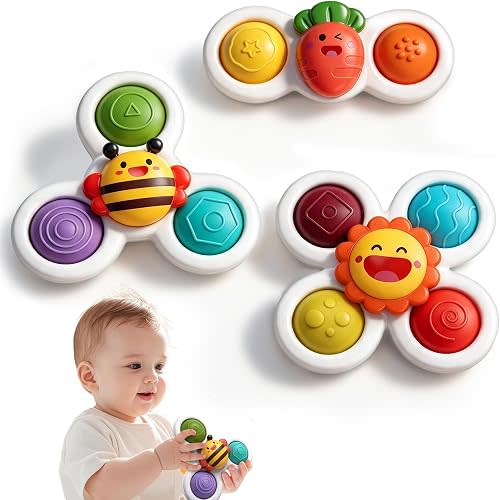 3PC Suction Spinner Toys for Babies 12 Months, Bath & Window Suction Toys, Airplane Travel Activities, Montessori Sensory Fidget Toys, Easter Basket Stuffers Gifts for 1 Year Old Boys Girls
