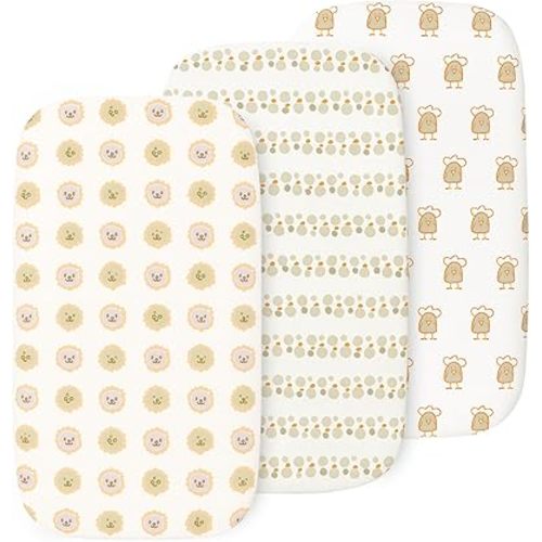 Bassinet Sheets for Baby Girl & Boy – 3-Pack Soft Fitted Bassinet Sheets, Organic Cotton, Breathable & Cozy, Fits 32x16x4 Inch Rectangle, Oval & Hourglass Mattresses, Lion Head